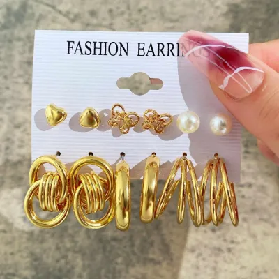 6 Pairs Golden Beauty Hoop Earrings Set 